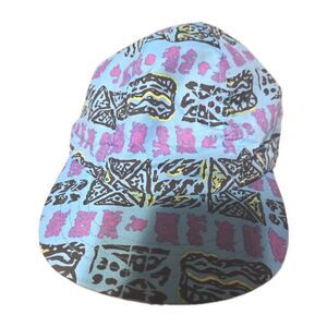 Vintage 80s 90s Painter Cap Hat Neon Blue Tribal Aztec All Over Print Nylon Camp